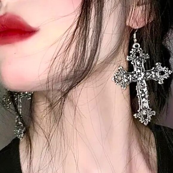 Earrings Cross Gypsy Gothic Emo Rave Silver Flower Large Stylish Scene Celtic - Picture 2 of 4